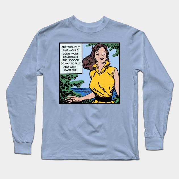 Comic Woman Jogs With Panache Long Sleeve T-Shirt by Slightly Unhinged